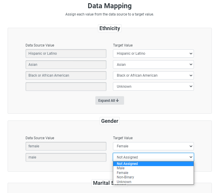 Data Mapping tab showing source values mapped to assigned target values.